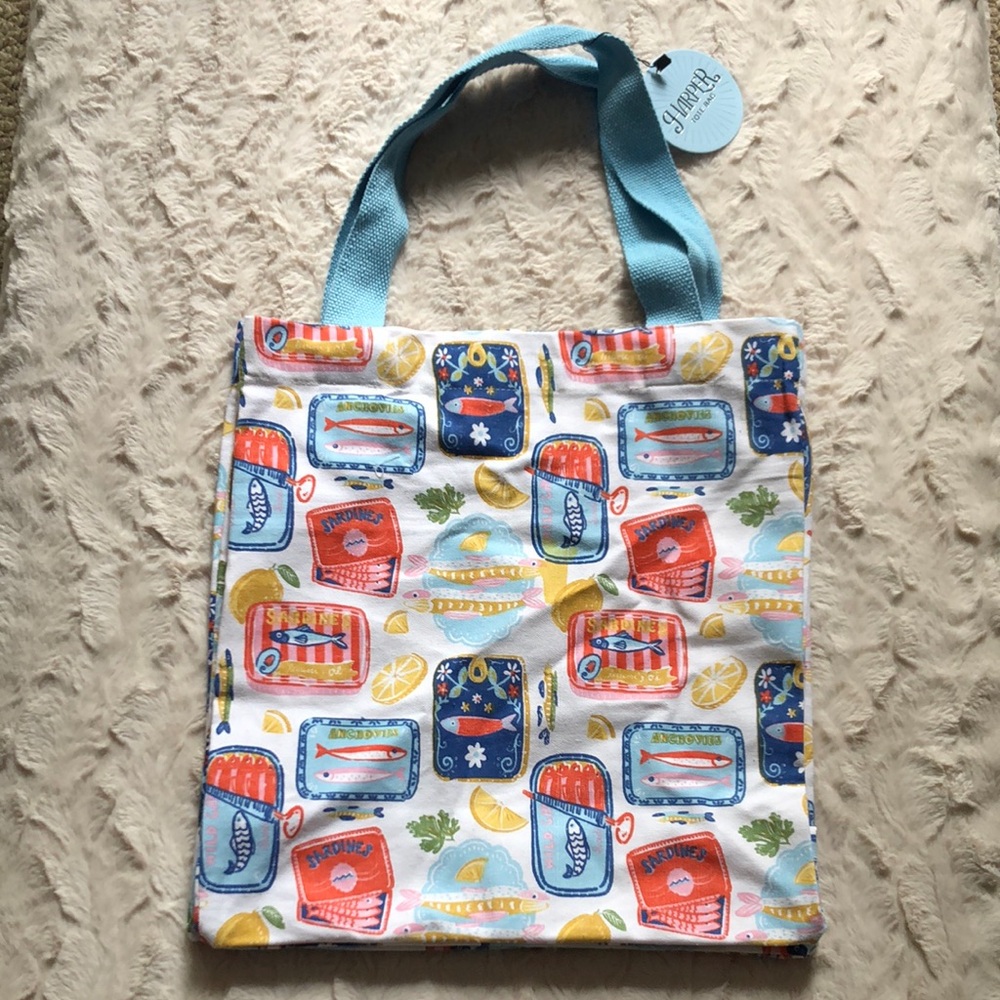 Colorful SARDINES Tote Bag with Blue Handles